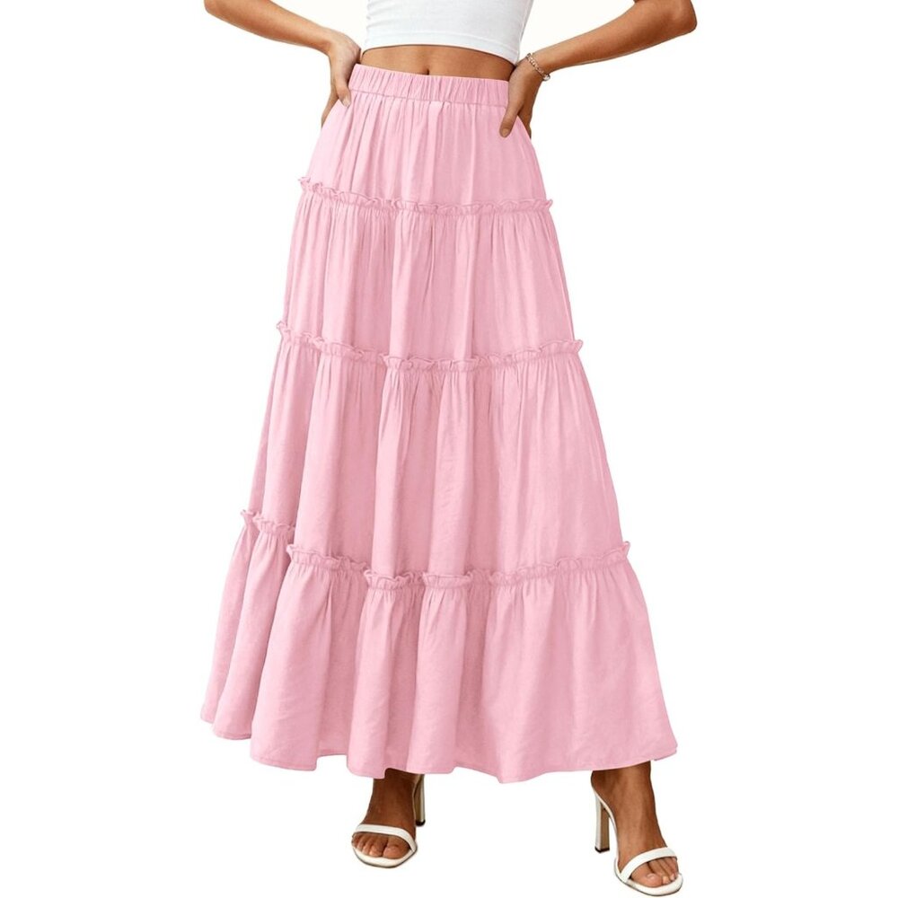 Women's Light Pink Boho Flowy A Line Tiered Beach Vacation Clothes Maxi Skirt - Picture 4 of 6